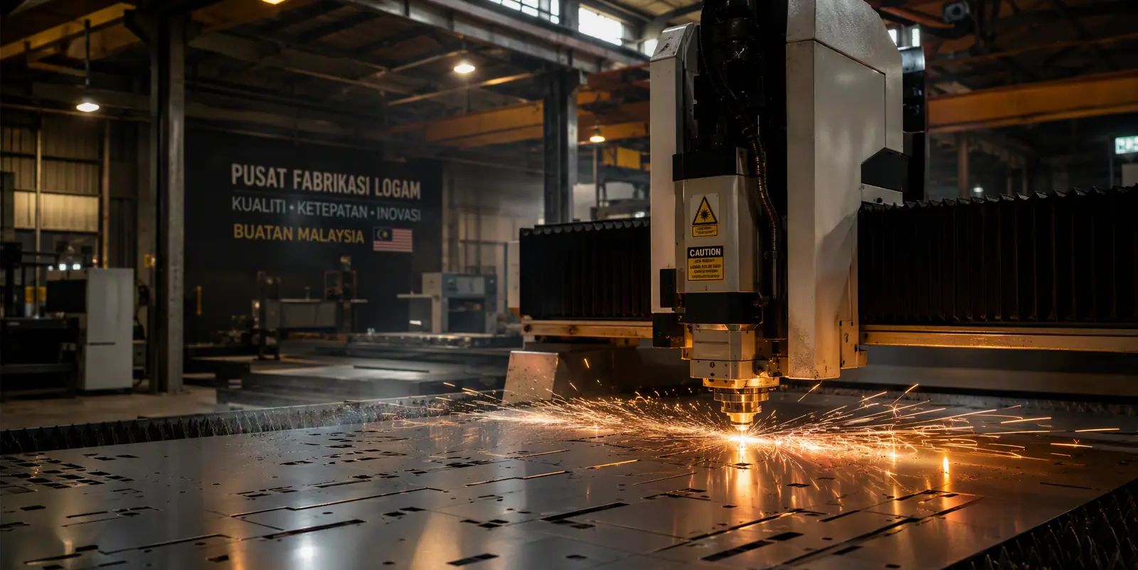 Fiber laser cutting a steel plate on the fabrication floor