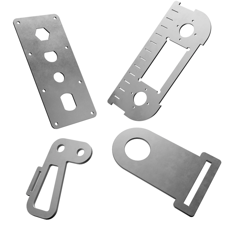 Four laser-cut stainless steel parts: a switch plate, a slotted motor mount, a bracket and a mounting tab